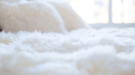 Poster - Cozy White Faux Fur Blanket and Pillows on a Soft Bed in Bright Natural Light : Generative AI