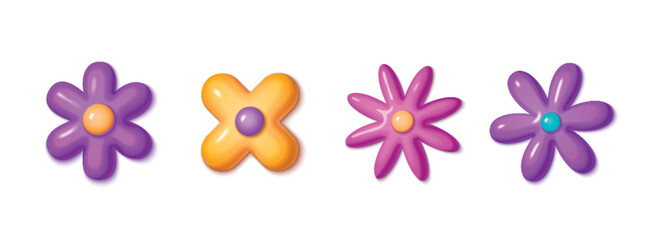 Poster - Y2k color flowers set isolated on white background. Vector realistic illustration of puffy floral shape icons with purple, pink and yellow petals, creative 3D stickers for trendy banner, greeting card