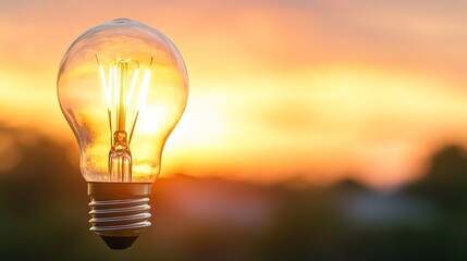 Poster - Vintage Edison Light Bulb Illuminated Against Beautiful Sunset Background : Generative AI