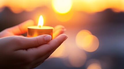 Leinwandbilder - Gentle hands holding a lit candle with a beautiful sunset bokeh background for relaxation : Generative AI