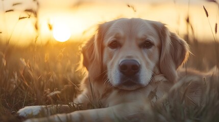Poster - Golden Retriever Dog Relaxing at Sunset with Soft Lighting in Open Field : Generative AI