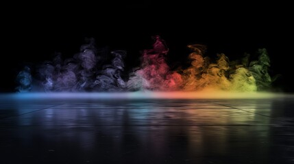 Canvas Print - vibrant swirl of multicolored smoke hovering over a dark floor with misty fog, isolated on a black b