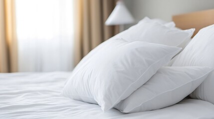 Poster - Cozy Room with White Pillows on Soft Bed in Peaceful Atmosphere : Generative AI
