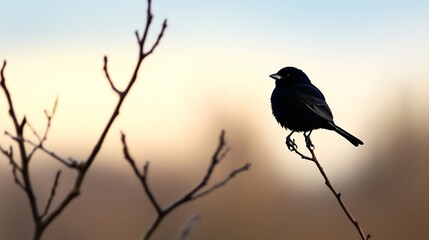 Poster - Silhouetted Bird Perched on a Branch Against a Soft Sunrise Background : Generative AI