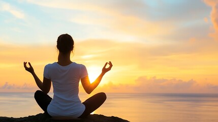 Poster - Peaceful Woman Meditating at Sunrise on the Beach with a Serene Ocean View : Generative AI