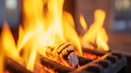 Fototapete - Close up view of warm firewood burning in the fireplace creating a cozy atmosphere : Generative AI