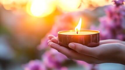 Aufkleber - Hand Holding a Flickering Candle Surrounded by Blooming Flowers in Soft Sunset Light : Generative AI
