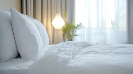 Poster - Cozy and Inviting Bedroom with Plush White Bedding and Soft Natural Light : Generative AI