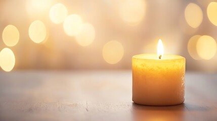 Poster - Serene lit candle with warm bokeh background creating a peaceful ambiance for relaxation and meditation : Generative AI
