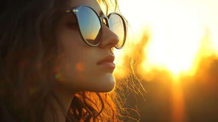 Poster - Profile Close Up of Woman in Sunglasses Against the Sunset : Generative AI