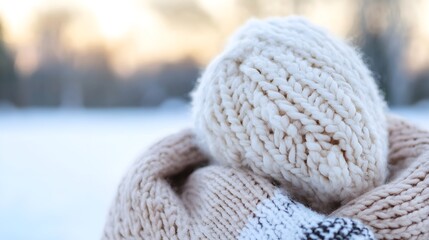 Poster - Cozy knitted hat and scarf viewed from behind showcasing winter warmth and style : Generative AI