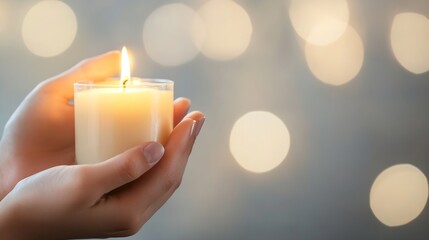 Poster - Gently Holding a Lit Candle with Bokeh Lights in the Background : Generative AI