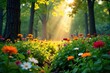 © Katherina - Lush underbrush and wildflowers illuminated by sunbeams peeking through tree branches, leafy greens, sunlight, foliage