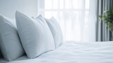 Poster - Close Up of Soft and Cozy Pillows on a Fine Made Bed Surrounded by Natural Light : Generative AI