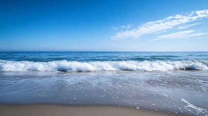 Poster - Wide Shot of a Beautiful Ocean Shoreline with Gentle Waves and Clear Blue Sky : Generative AI
