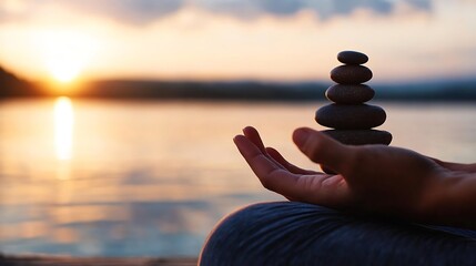 Aufkleber - A Serene Sunset with Balanced Stones Representing Peace and Meditation : Generative AI