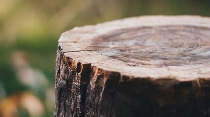 Poster - Close up of a rustic wooden tree stump showcasing its rich texture and natural patterns in sunlight : Generative AI
