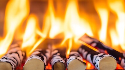 Fototapete - Crackling Firewood Flames Brightly Burning in Cozy Fireplace Setting : Generative AI