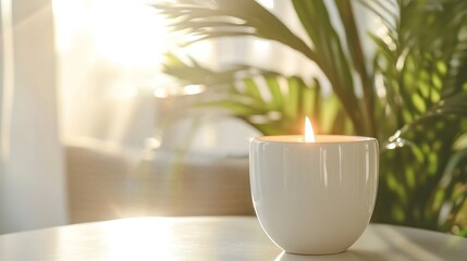 Aufkleber - Serene White Candle with Gentle Flame Surrounded by Lush Greenery and Natural Light : Generative AI
