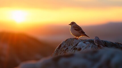 Aufkleber - Charming bird perched on a rock at sunrise creating an enchanting atmosphere with soft glowing colors of nature : Generative AI