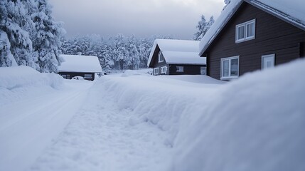 Aufkleber - Picturesque snow covered street lined with cozy houses in a serene winter setting : Generative AI