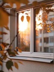 Poster - Autumn leaves reflecting the warm golden sunlight in a modern window frame creating a cozy atmosphere : Generative AI