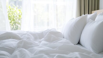 Poster - Bright and airy unmade bed with crisp white sheets and lush greenery outside : Generative AI