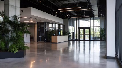 Aufkleber - Modern and Spacious Office Lobby Designed with Natural Light and Contemporary Plants : Generative AI
