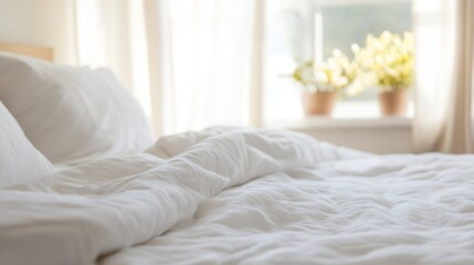 Poster - Cozy Unmade Bed in Soft Light with Sun Streaming Through Window and Indoor Plants : Generative AI