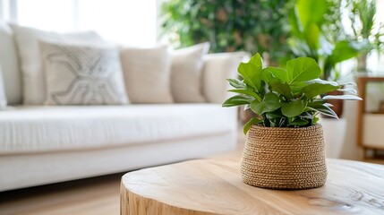 Aufkleber - Potted green plant with large leaves placed on stylish wooden table in bright living room : Generative AI
