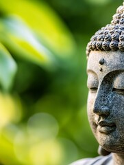 Fototapete - Serene Close Up of a Buddha Statue Surrounded by Lush Green Background : Generative AI