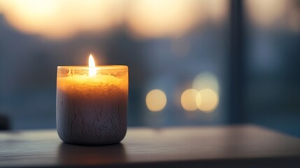 Aufkleber - Beautiful Burning Candle on Table with Warm Glow Against Evening Background : Generative AI