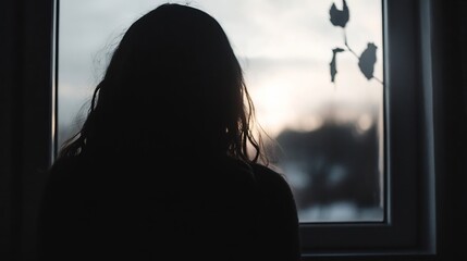 Aufkleber - Silhouette of a woman gazing out of a window at sunset with dreamy atmosphere and moody vibe : Generative AI
