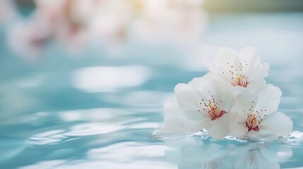 Poster - Beautiful Cherry Blossom Flowers Floating Gracefully in Calm Blue Water : Generative AI