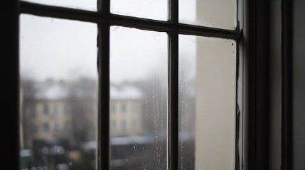 Fototapete - Raindrops on a Window Pane with a View of a Gloomy Urban Scene : Generative AI