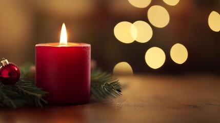 Poster - Warm Holiday Candle Surrounded by Greenery and Soft Blurry Lights : Generative AI