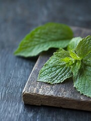 Poster - Fresh green mint leaves resting on a rustic wooden surface with a dark backdrop for culinary inspiration : Generative AI