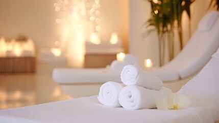 Poster - Tranquil Spa Setting with White Rolled Towels Surrounded by Soft Light and Greenery : Generative AI