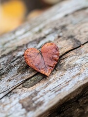 Poster - An artistic heart shape created from a dried autumn leaf resting on textured wooden surface : Generative AI