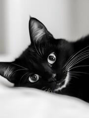 Poster - Adorable black and white cat relaxing on a soft surface with expressive eyes full of curiosity : Generative AI