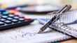 © Generative AI - Close Up of Office Desk with Calculator and Pen on Financial Documents Showing Graphs and Reports : Generative AI