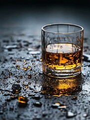 Aufkleber - Closeup of a Glass of Whiskey Surrounded by Ice and Water Drops on a Dark Surface : Generative AI