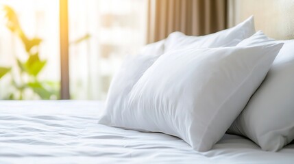 Poster - Cozy White Pillows on a Soft Bed in a Bright Sunlit Room : Generative AI