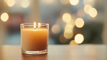 Aufkleber - Warm Glowing Candle Creating Cozy Ambiance with Soft Bokeh Lights in Background : Generative AI