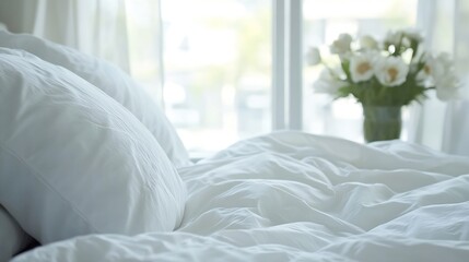 Leinwandbilder - Cozy Bedroom with Soft White Bedding and Fresh Flowers on the Windowsill : Generative AI