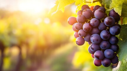 Poster - Fresh ripe grapes shining in golden sunlight on a vineyard branch ready for harvest : Generative AI