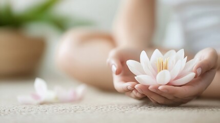 Poster - Serene hands nurturing a delicate lotus flower creating an atmosphere of peace and mindfulness : Generative AI