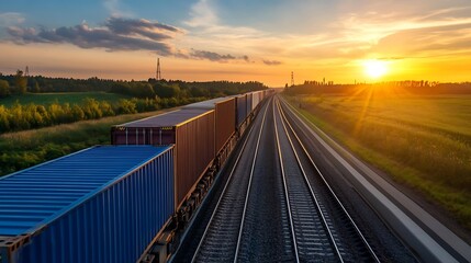 Aufkleber - Sunset view of freight train passing through lush green fields under a vibrant sky : Generative AI