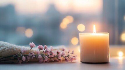 Leinwandbilder - Warm Evening Candle Flame with Soft Floral Arrangement and Cozy Textiles in the Background : Generative AI