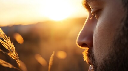 Aufkleber - Silhouette of a Man in Profile Against a Beautiful Sunset with Warm Light : Generative AI